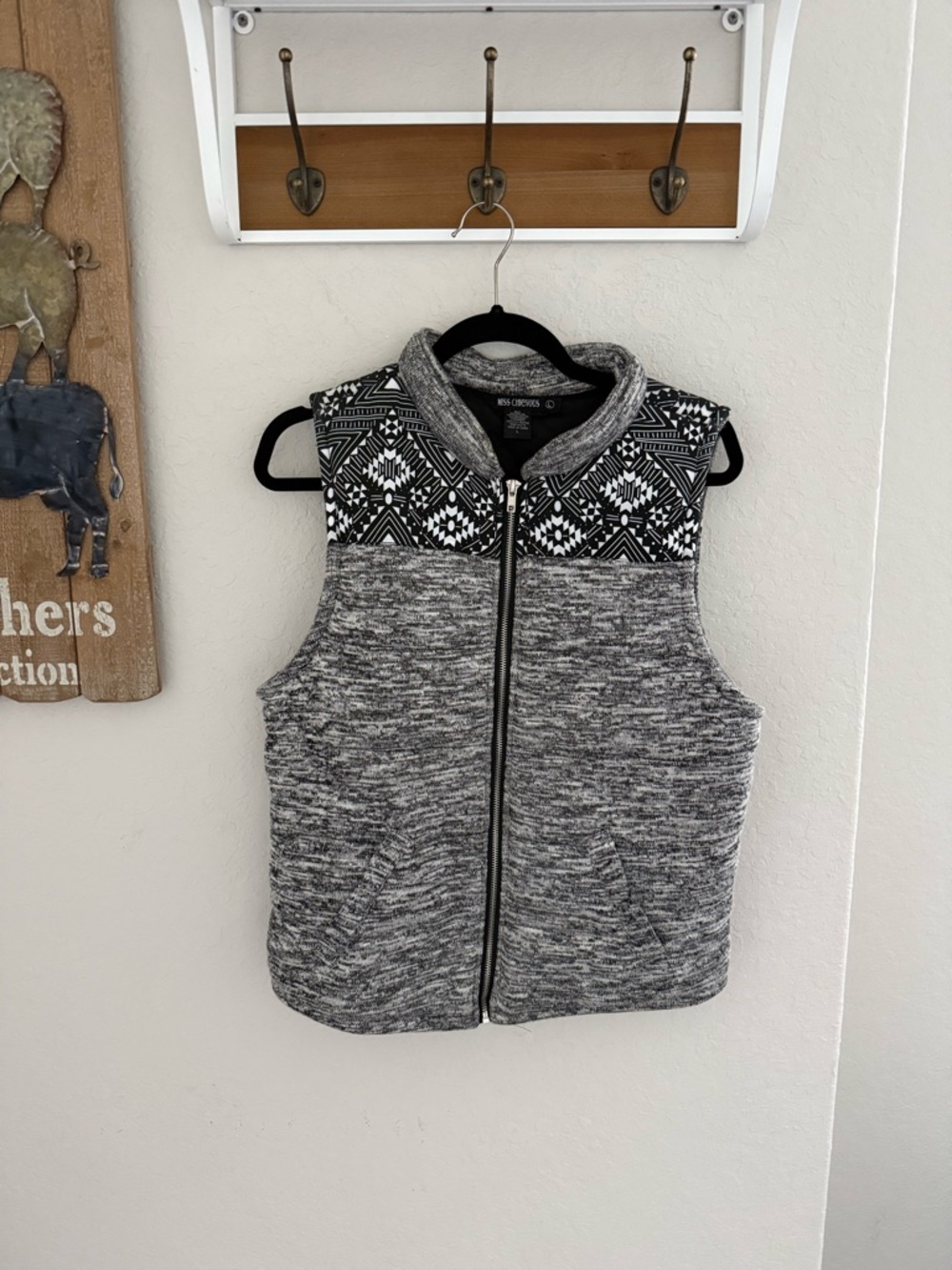 Miss Chievous Black & Gray Marled Zip-Up Vest with Aztec Yoke